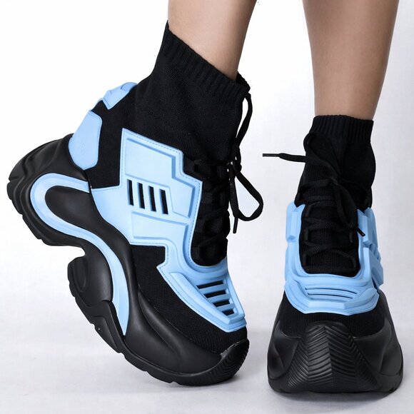 NIB Wang Jupiter Damson Pull On Knit Platform Sneaker Boots 4" Hidden Wedge Blue - Picture 12 of 12